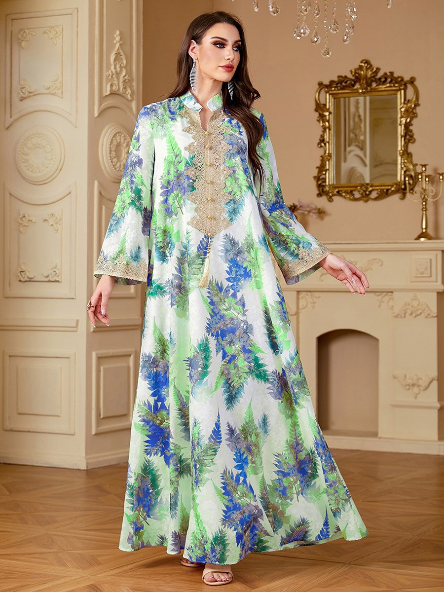 Women Leaf Print Embroidered Patch Jalabiya