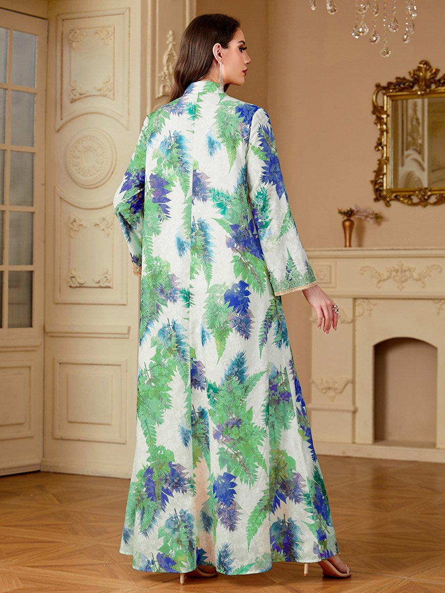Women Leaf Print Embroidered Patch Jalabiya