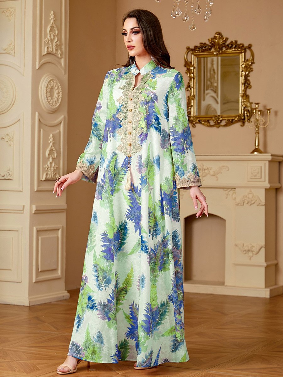 Women Leaf Print Embroidered Patch Jalabiya