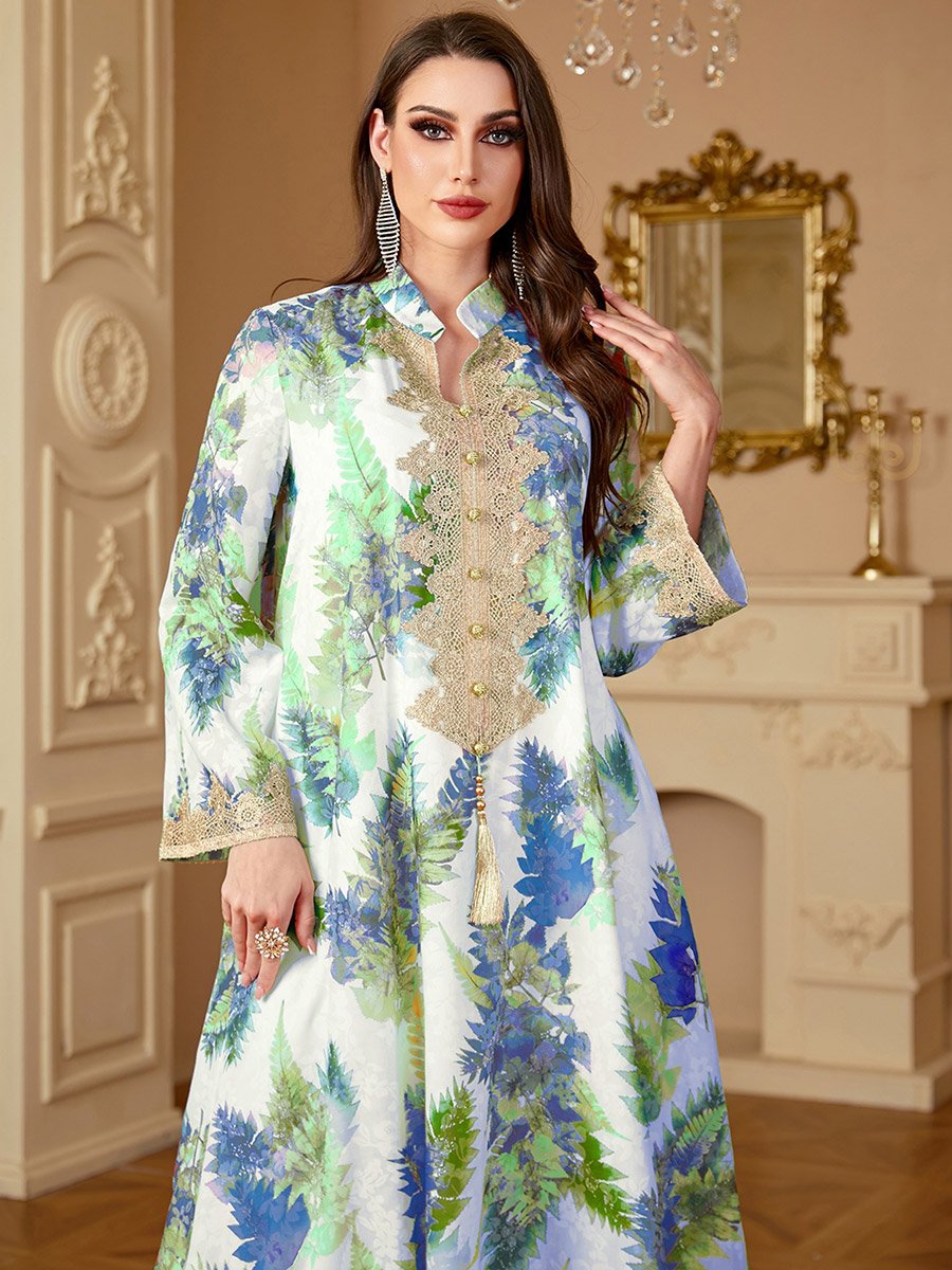 Women Leaf Print Embroidered Patch Jalabiya