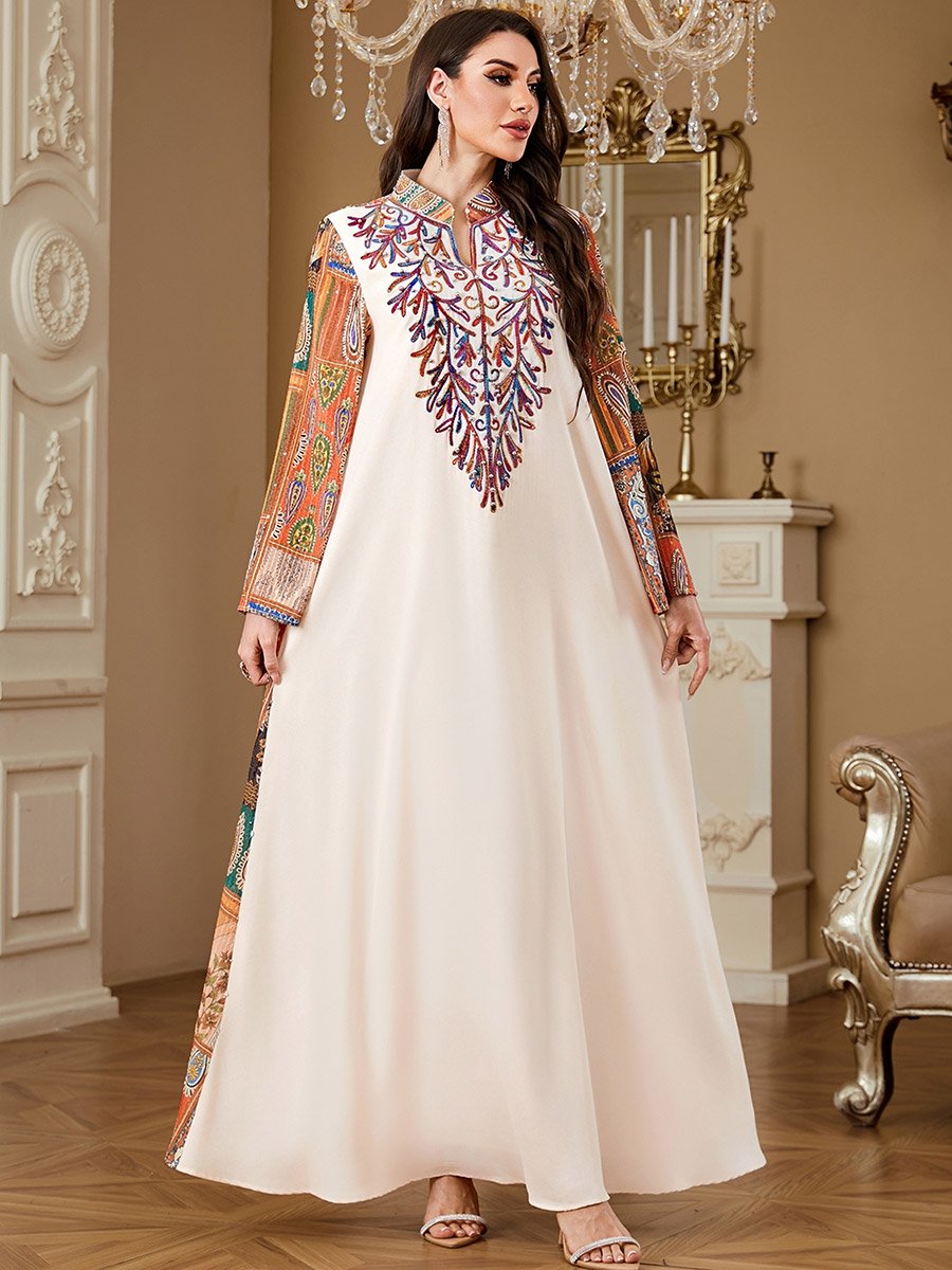 Off White Embroidered Jalabiya with Faux Pearl Detail
