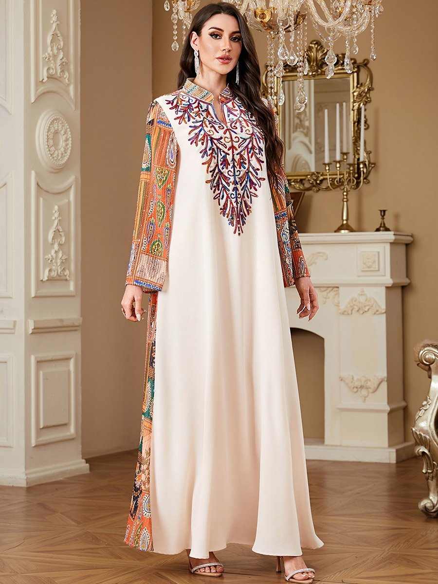 Off White Embroidered Jalabiya with Faux Pearl Detail