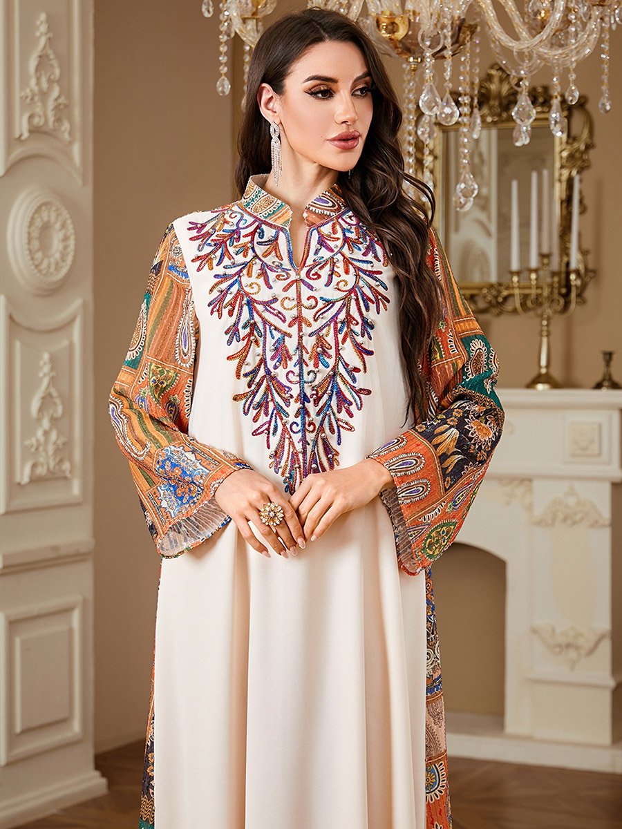 Off White Embroidered Jalabiya with Faux Pearl Detail