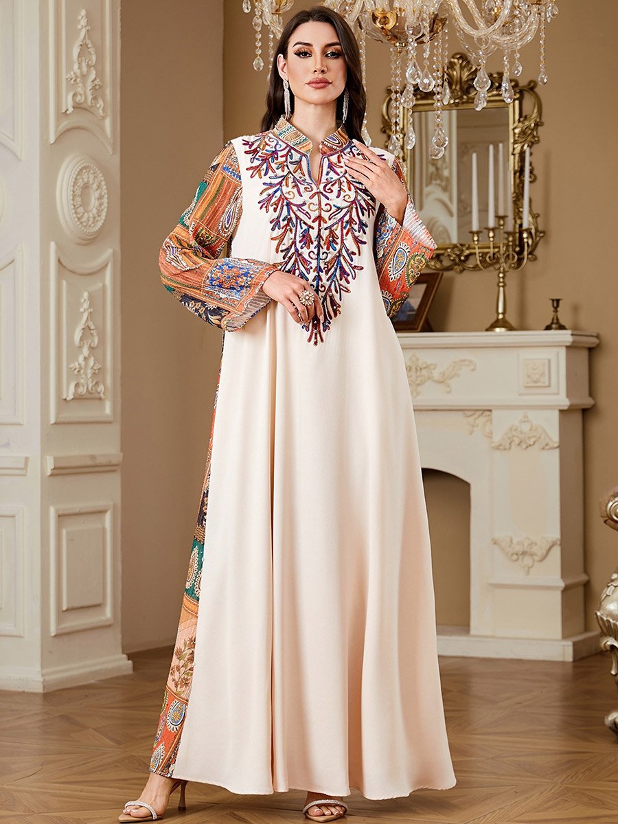 Off White Embroidered Jalabiya with Faux Pearl Detail