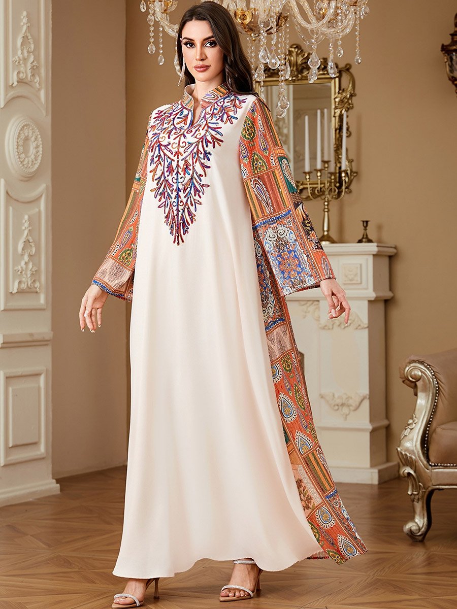 Off White Embroidered Jalabiya with Faux Pearl Detail