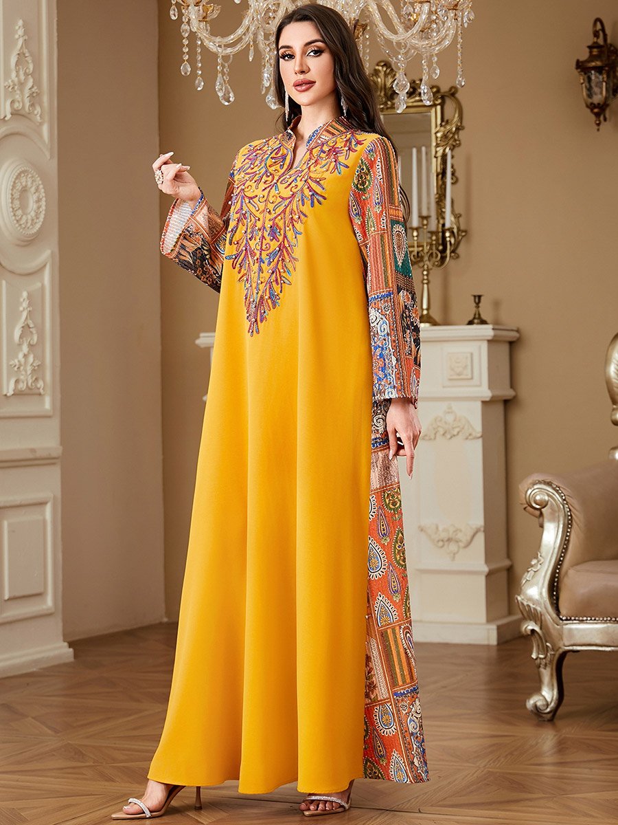 Yellow Embroidered Jalabiya with Faux Pearl Detail