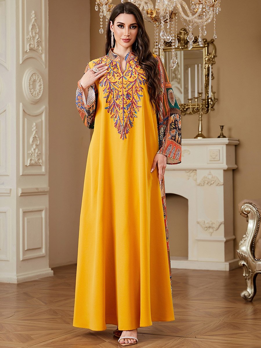 Yellow Embroidered Jalabiya with Faux Pearl Detail