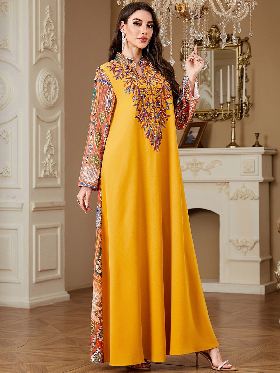 Yellow Embroidered Jalabiya with Faux Pearl Detail