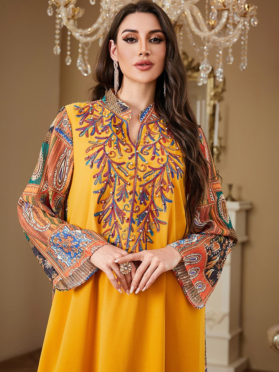 Yellow Embroidered Jalabiya with Faux Pearl Detail