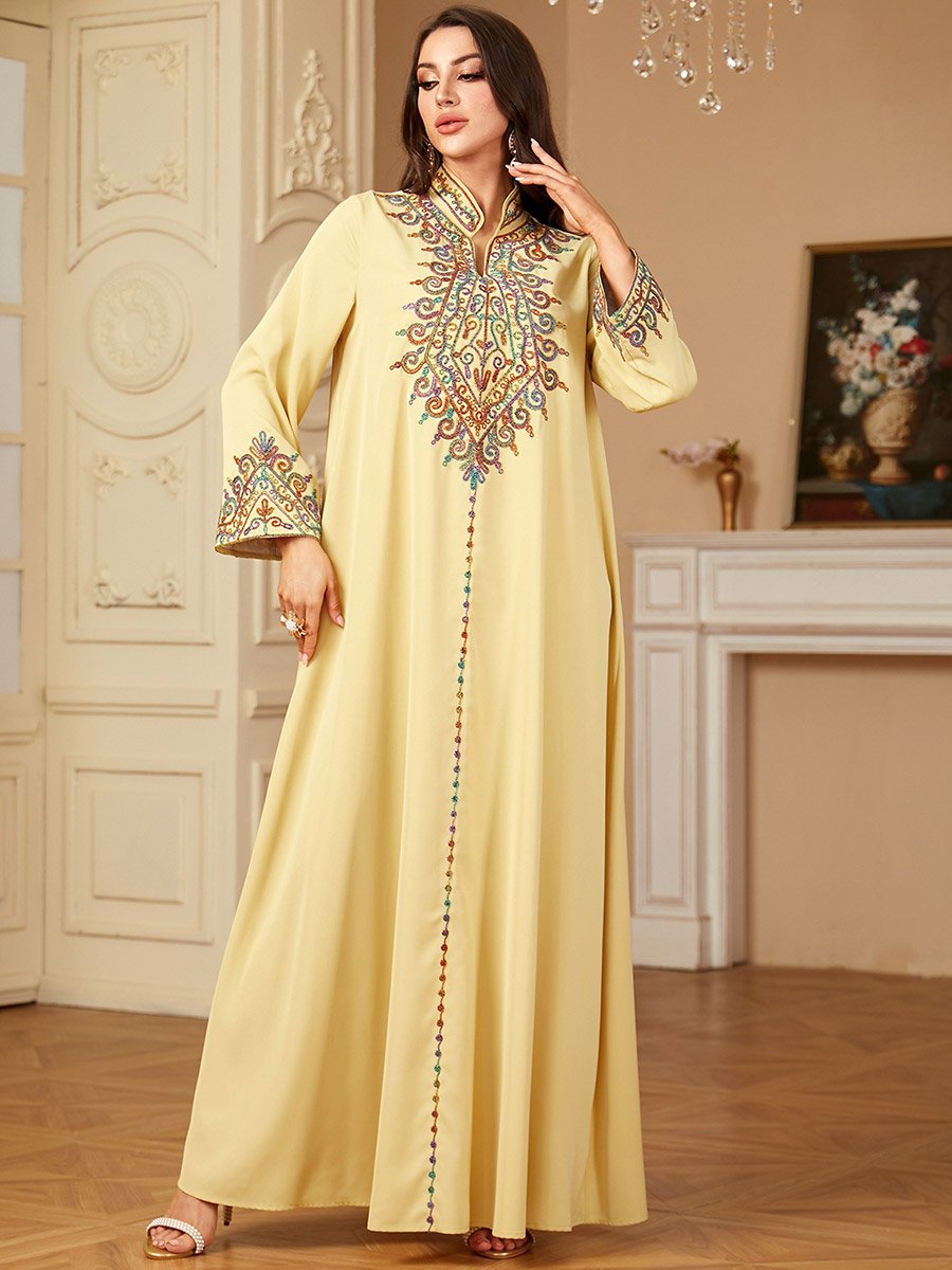 Yellow Embroidered Notch Neck Jalabiya