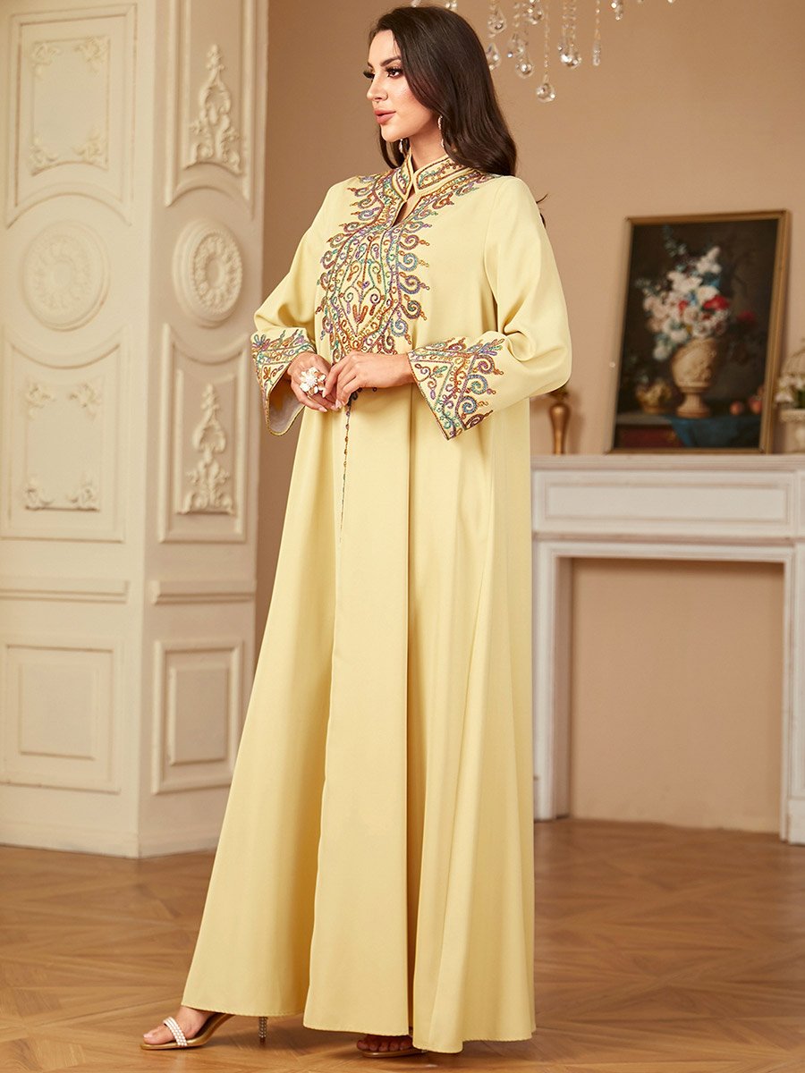 Yellow Embroidered Notch Neck Jalabiya