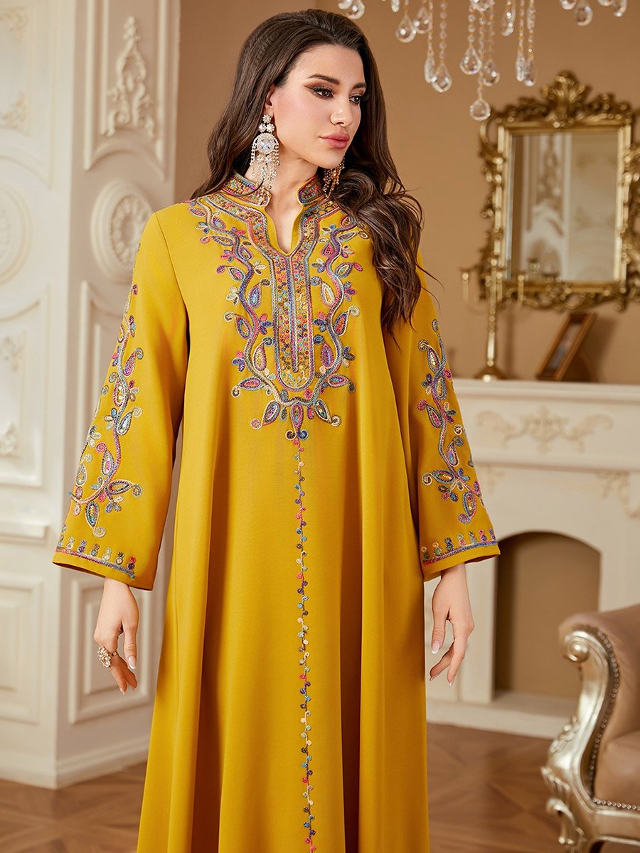 Women Embroidered Notch Neck Jalabiya