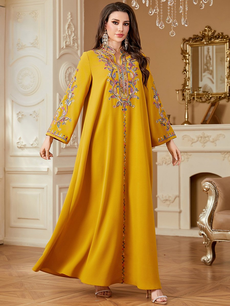 Women Embroidered Notch Neck Jalabiya