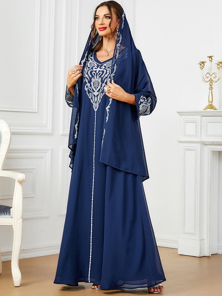 Blue Embroidered V Neck Jalabiya