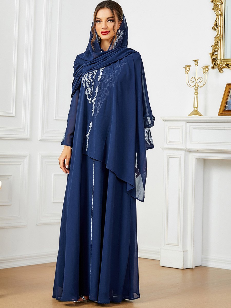 Blue Embroidered V Neck Jalabiya