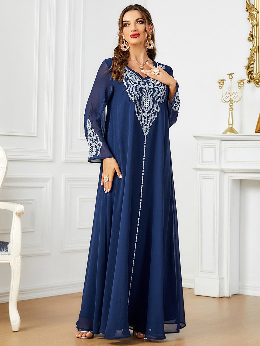 Blue Embroidered V Neck Jalabiya