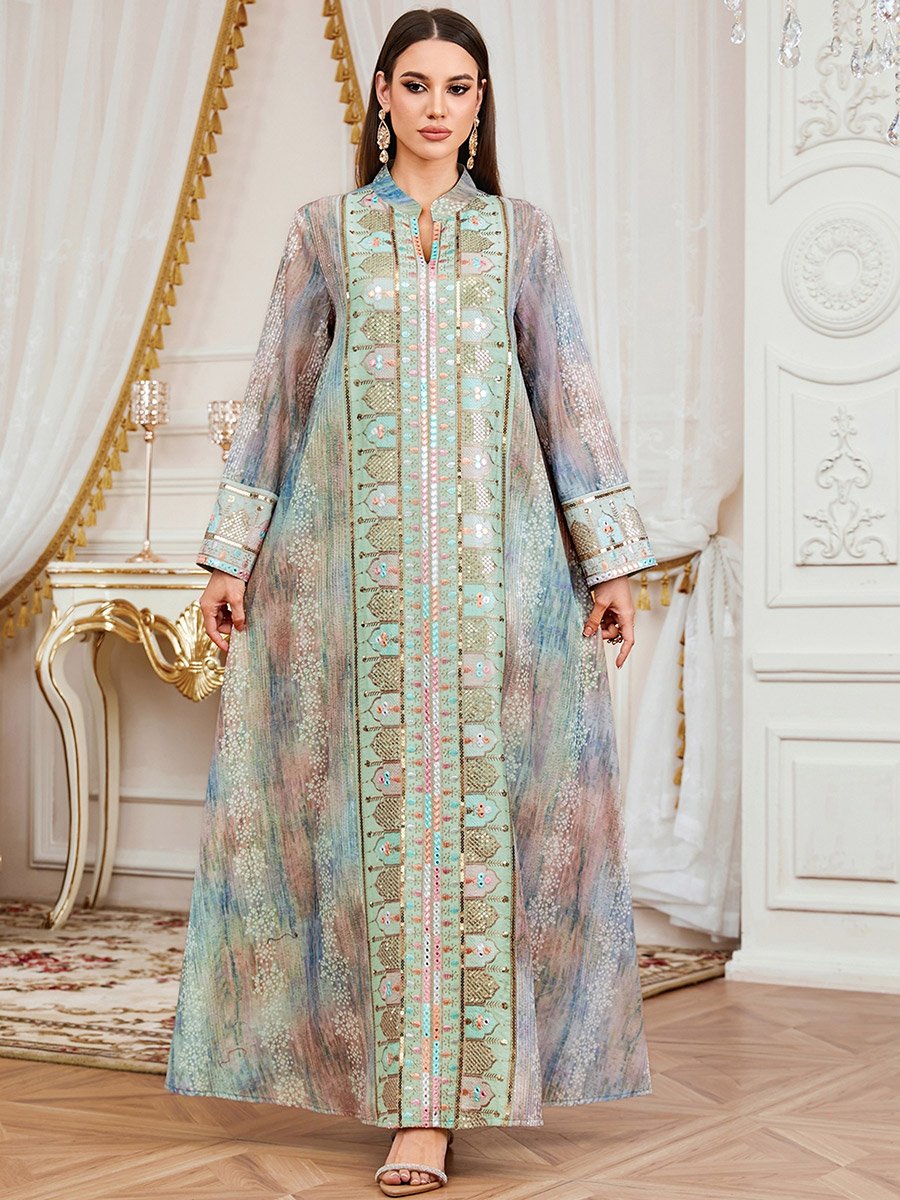 Women Sequin Embroidered Panel Notch Neck Jalabiya