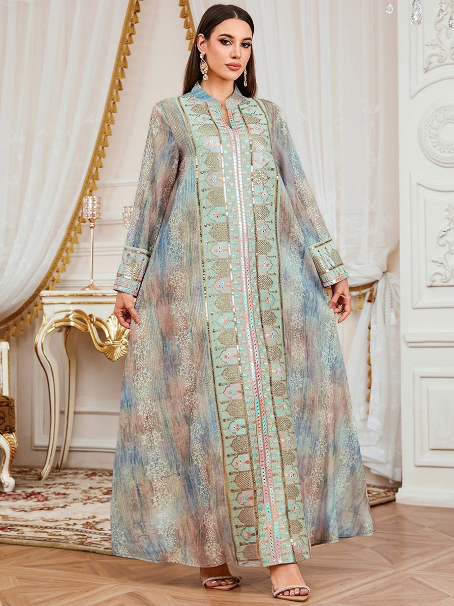 Women Sequin Embroidered Panel Notch Neck Jalabiya