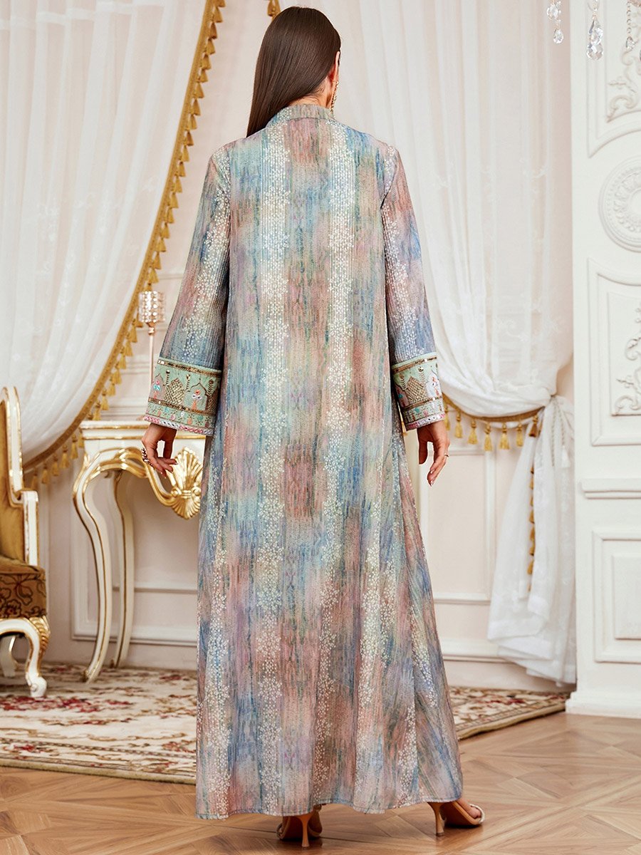 Women Sequin Embroidered Panel Notch Neck Jalabiya