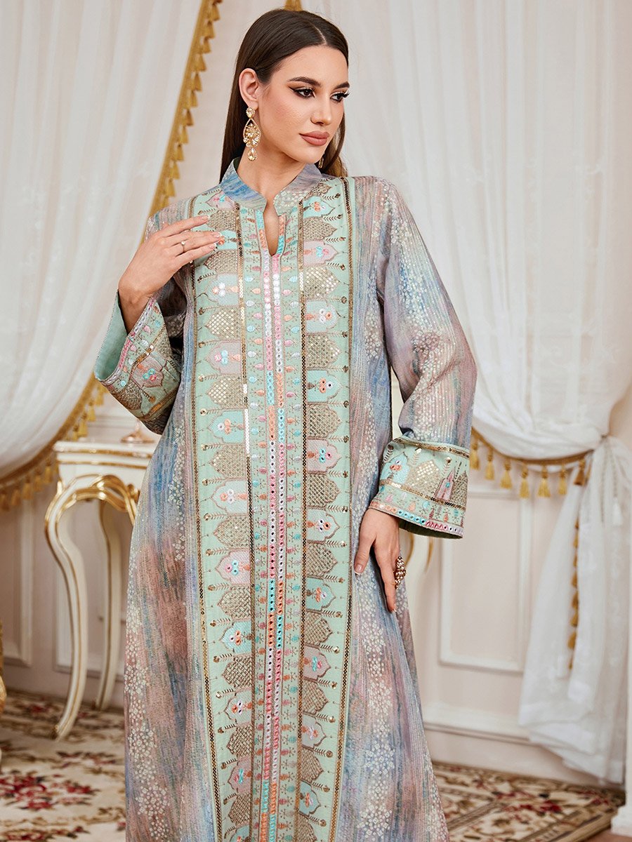 Women Sequin Embroidered Panel Notch Neck Jalabiya