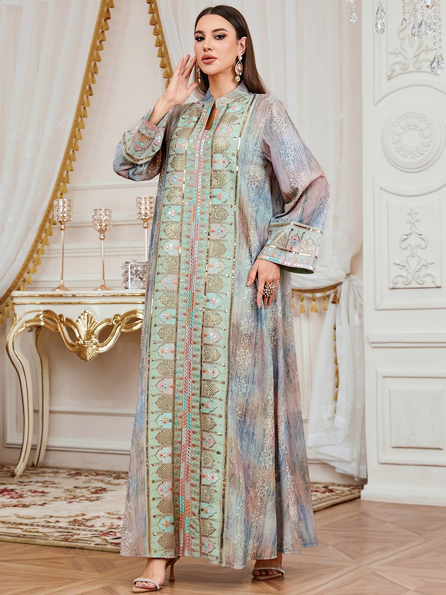 Women Sequin Embroidered Panel Notch Neck Jalabiya