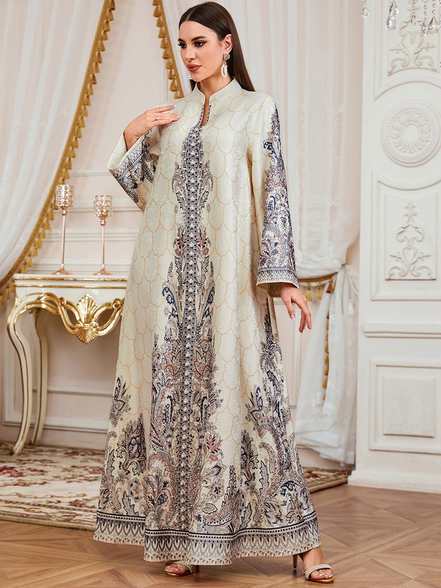 Women Floral Print Embellished Faux Pearl Jalabiya