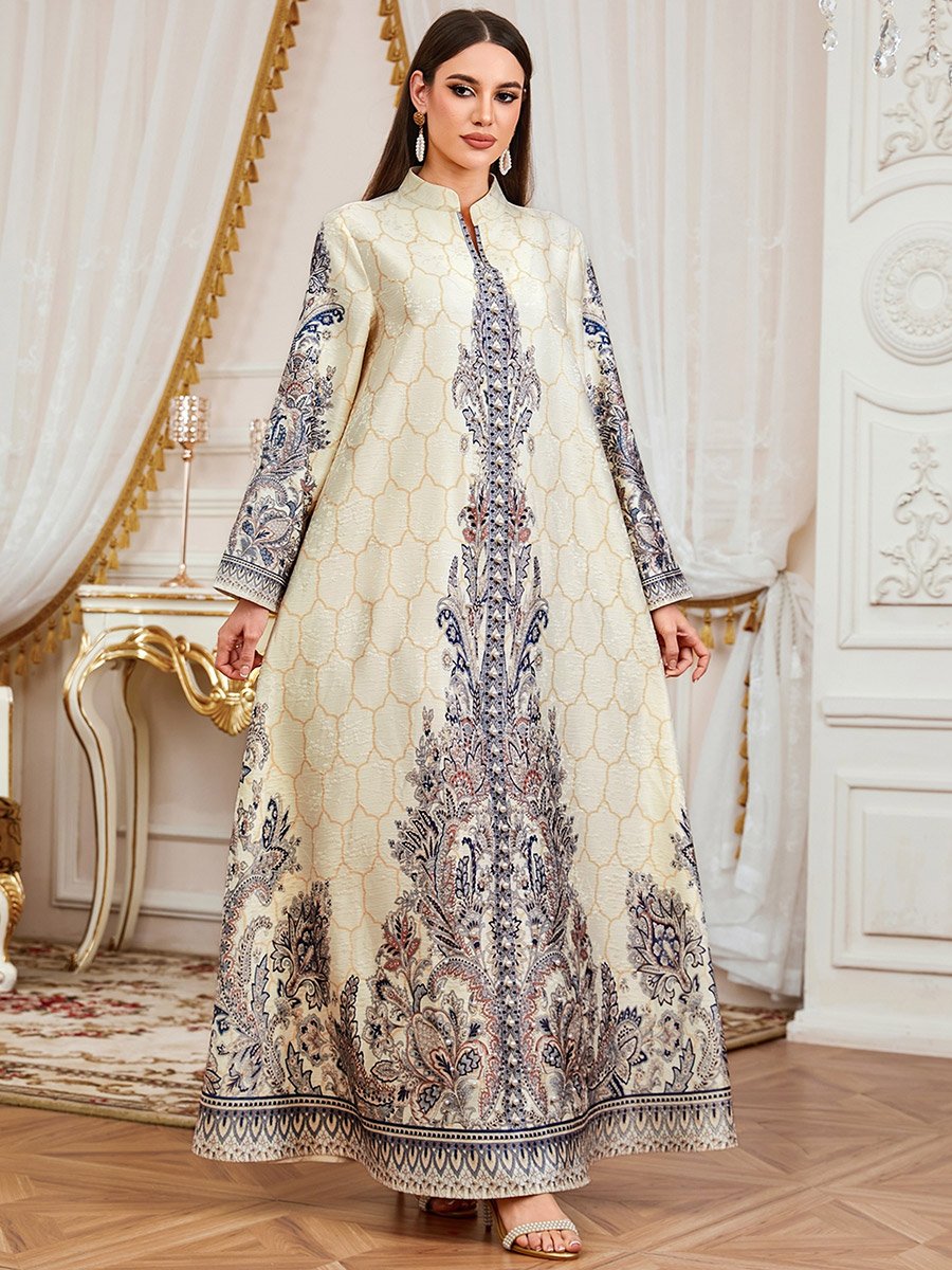 Women Floral Print Embellished Faux Pearl Jalabiya