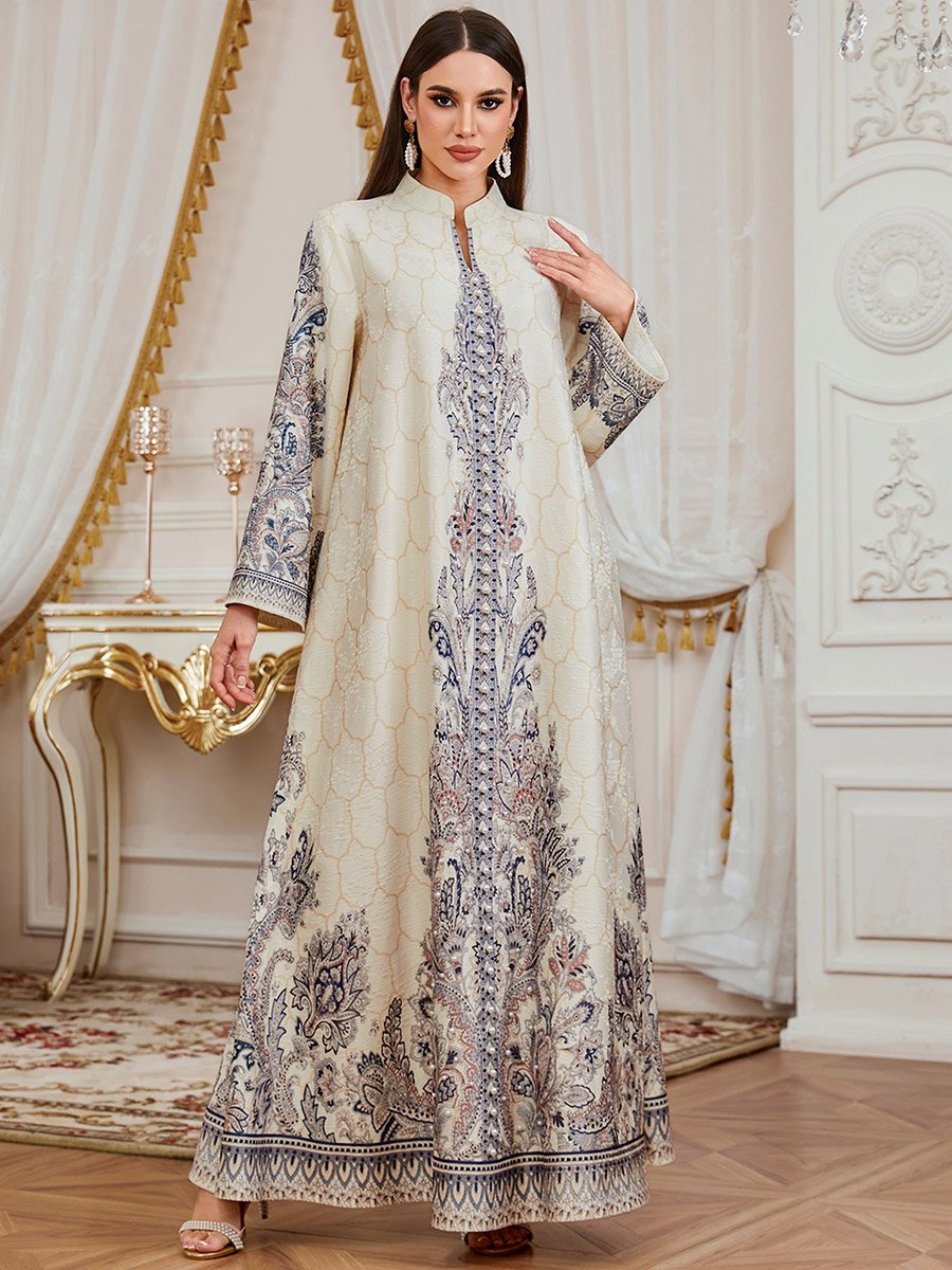Women Floral Print Embellished Faux Pearl Jalabiya