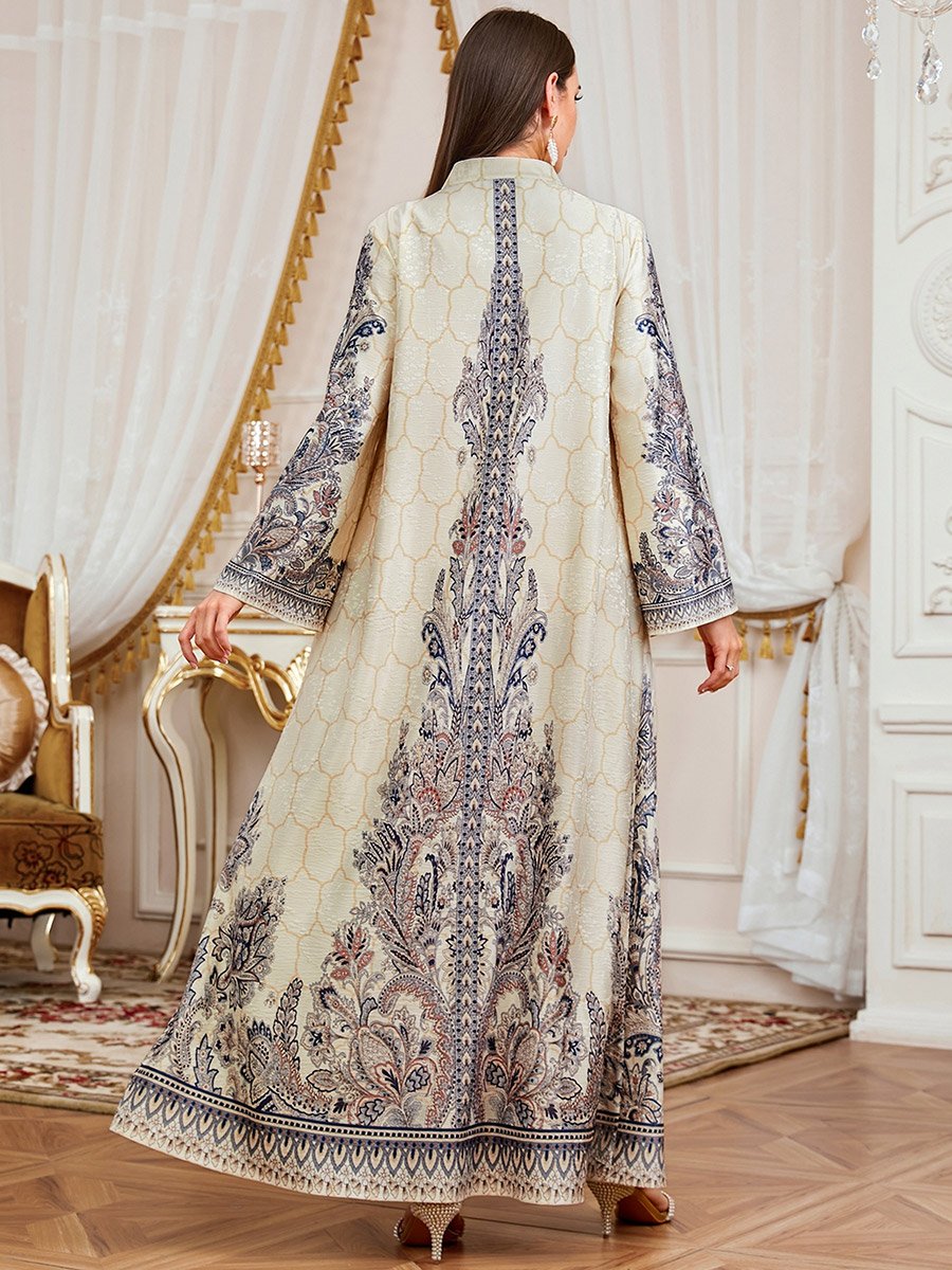 Women Floral Print Embellished Faux Pearl Jalabiya
