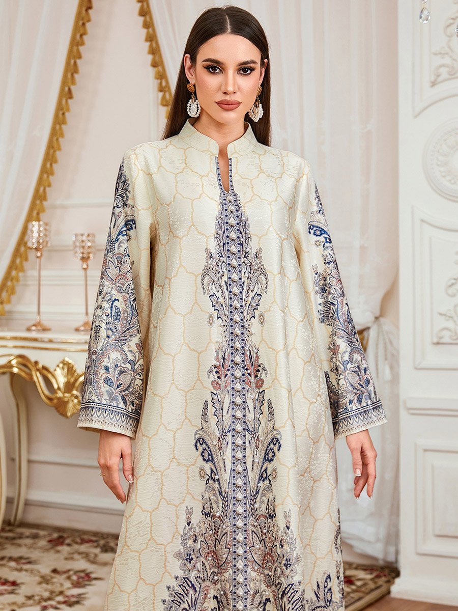 Women Floral Print Embellished Faux Pearl Jalabiya