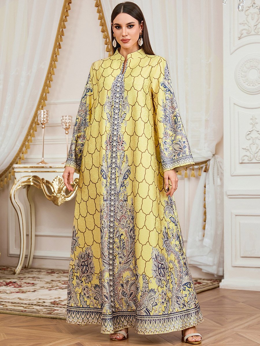 Yellow Floral Print Faux Pearl Embellished Jalabiya