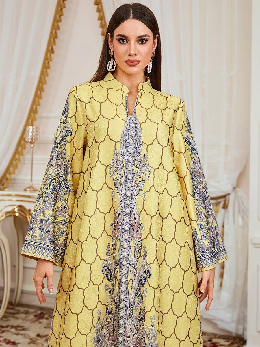 Yellow Floral Print Faux Pearl Embellished Jalabiya