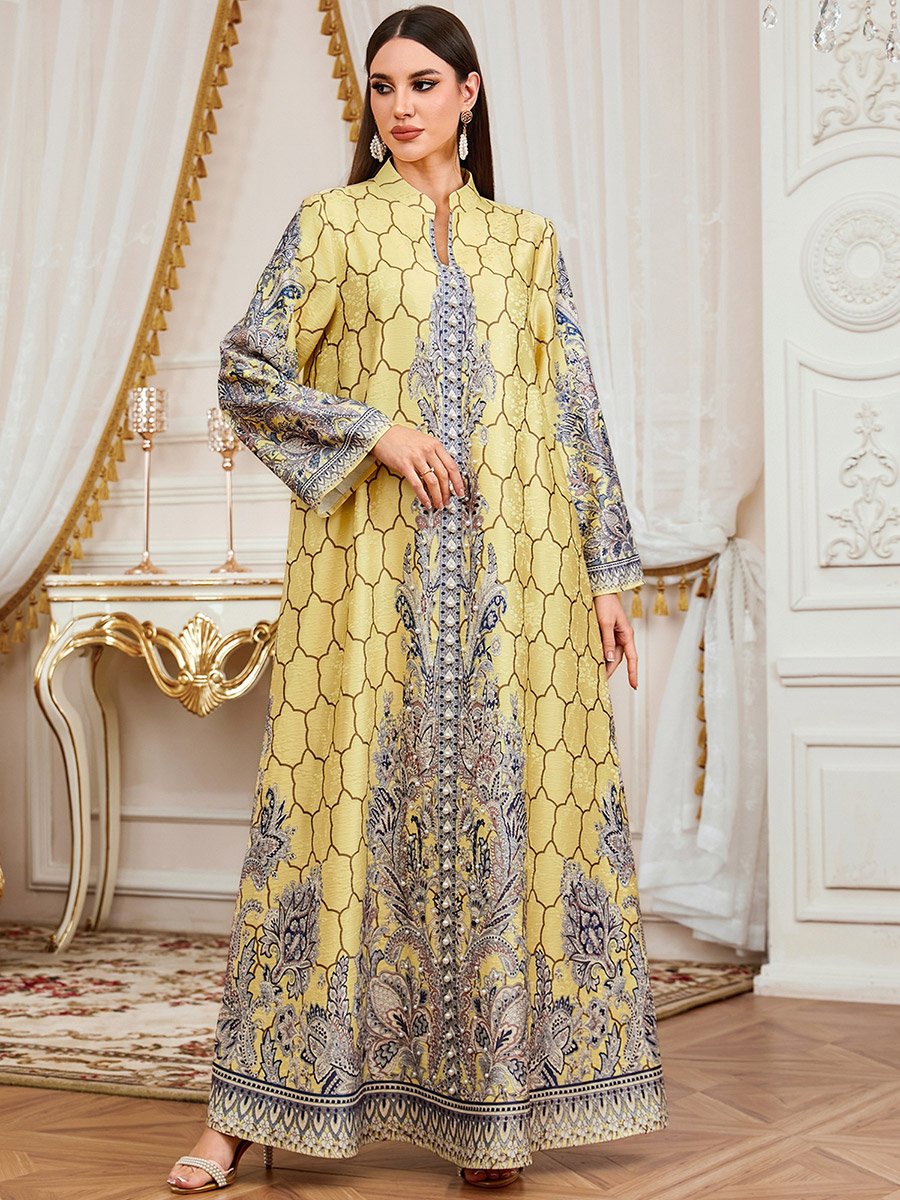 Yellow Floral Print Faux Pearl Embellished Jalabiya