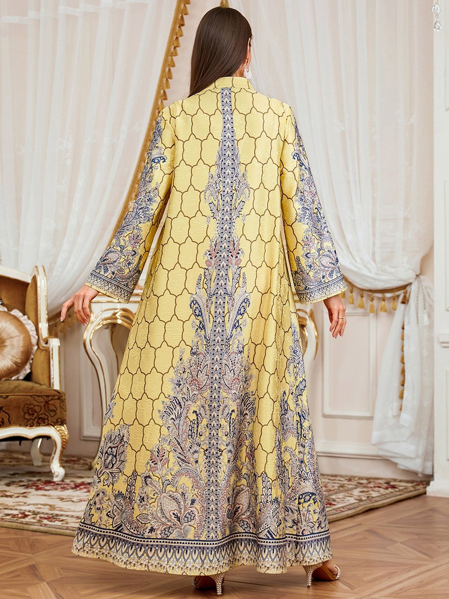 Yellow Floral Print Faux Pearl Embellished Jalabiya