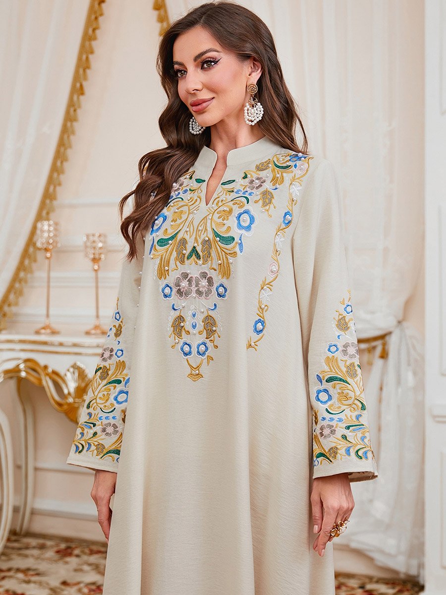 Women Embroidered Faux Pearl Jalabiya