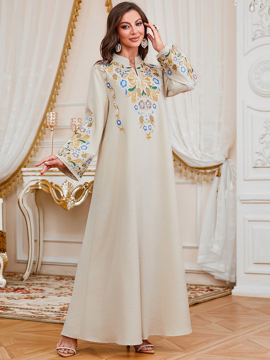 Women Embroidered Faux Pearl Jalabiya