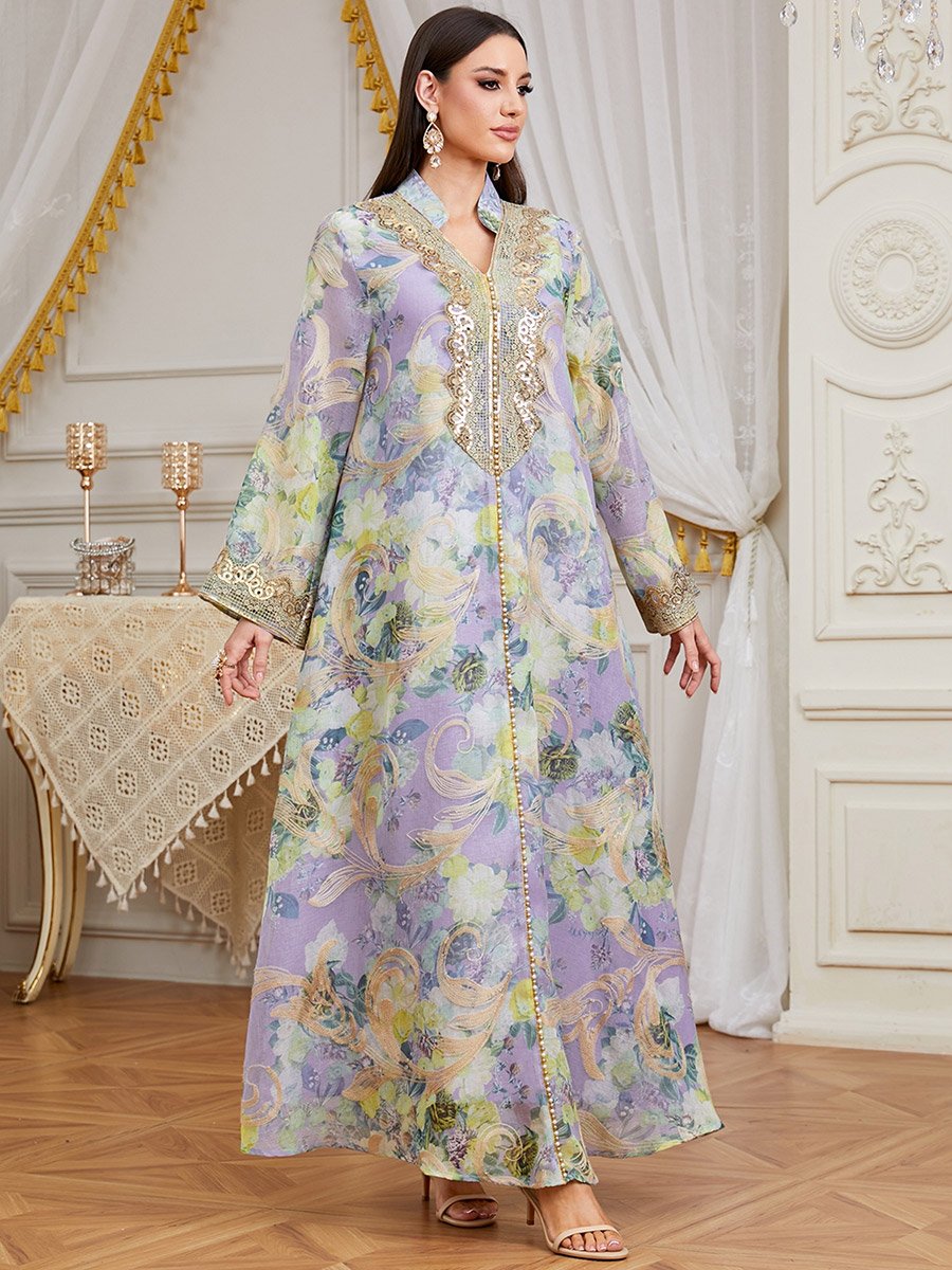 Women Sequin Embroidered Panel Floral Jalabiya