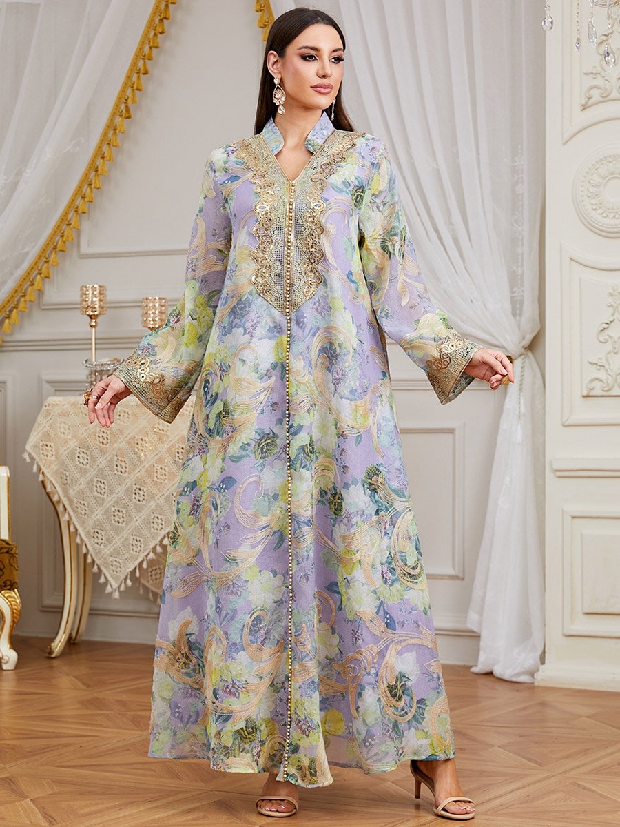 Women Sequin Embroidered Panel Floral Jalabiya