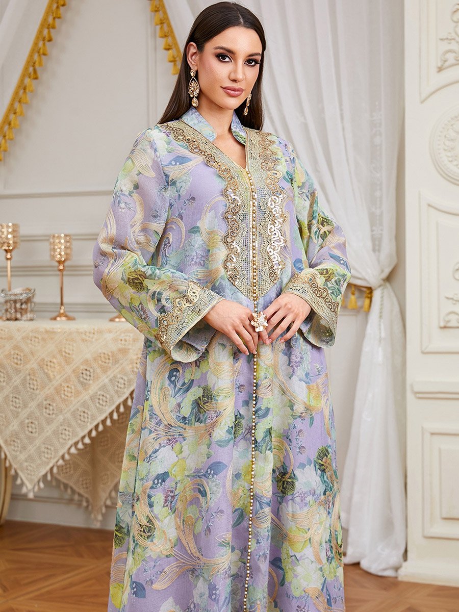 Women Sequin Embroidered Panel Floral Jalabiya