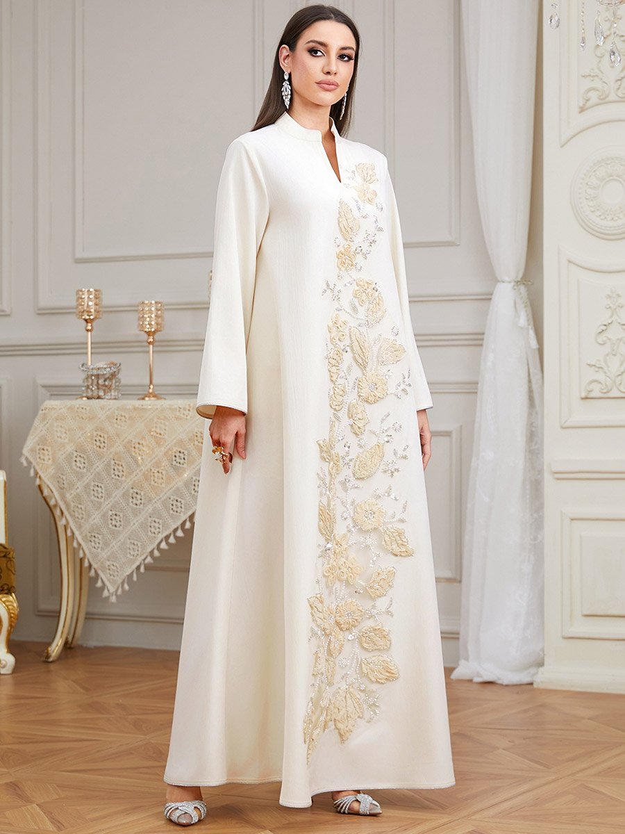 Cream Embellished Jalabiya with Floral Embroidery