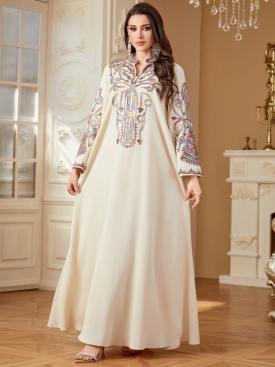 Beige Embroidered Notch Neck Jalabiya