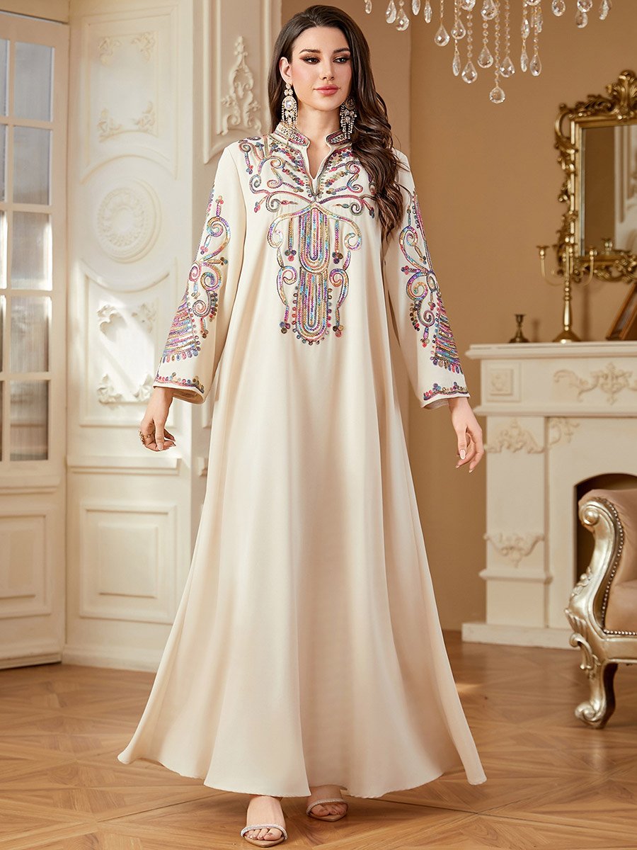 Beige Embroidered Notch Neck Jalabiya