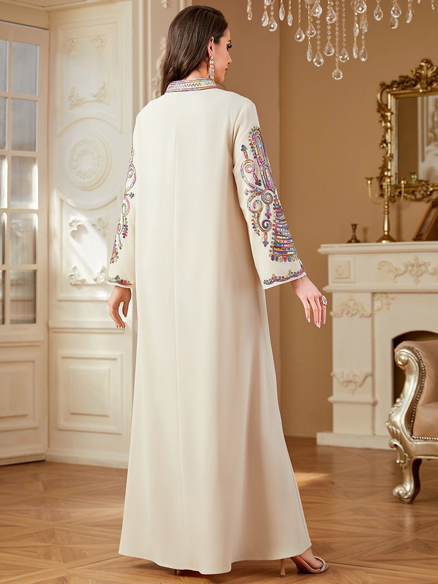 Beige Embroidered Notch Neck Jalabiya