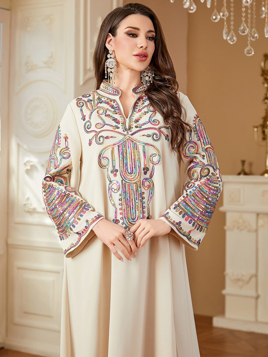Beige Embroidered Notch Neck Jalabiya