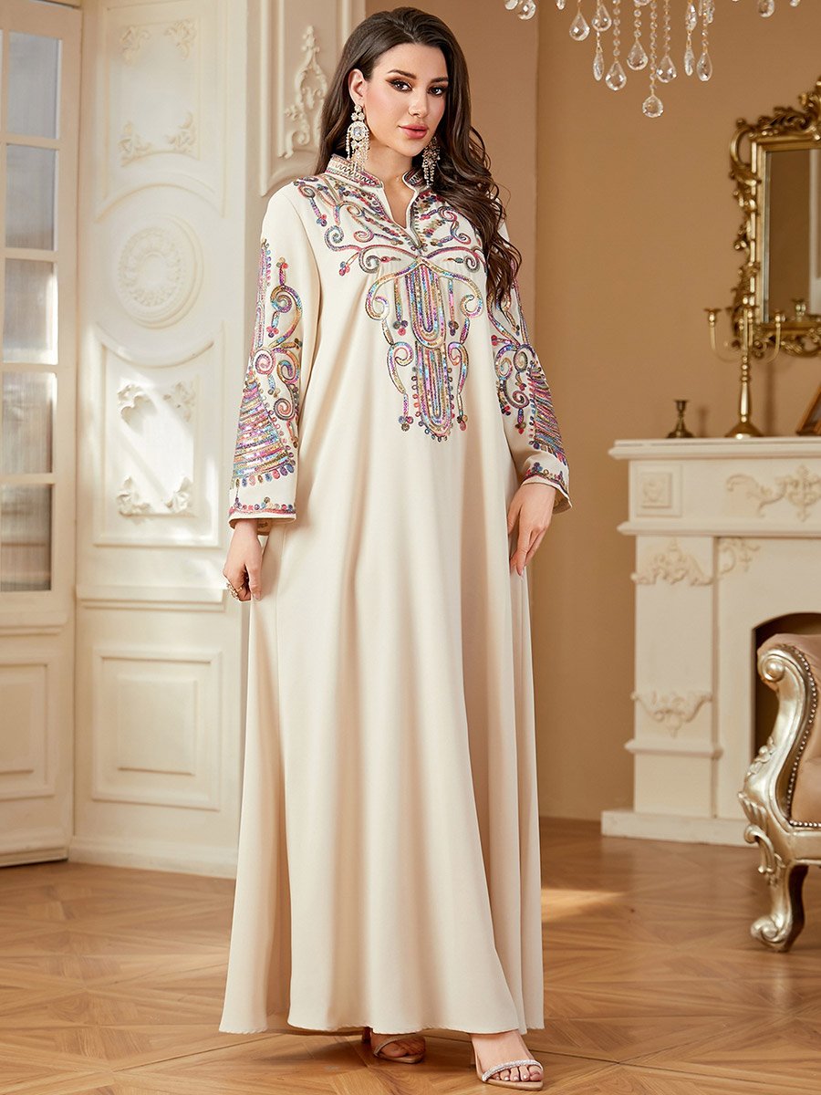 Beige Embroidered Notch Neck Jalabiya