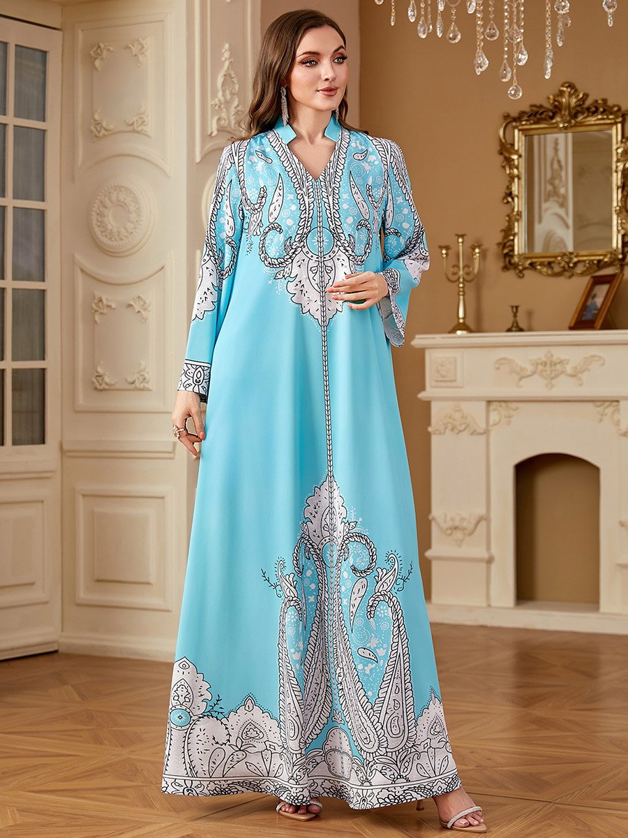 Blue Printed Collared Jalabiya with Faux Pearl Detail
