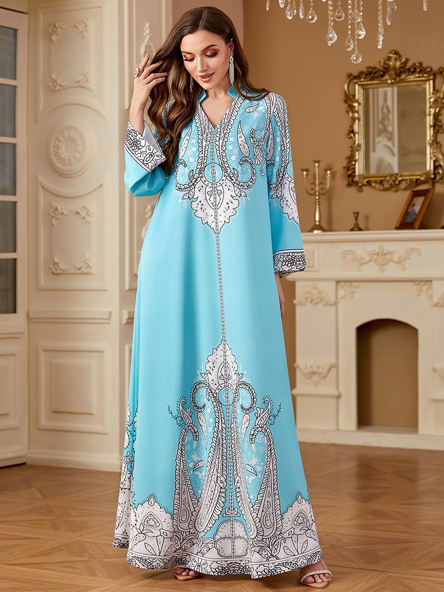 Blue Printed Collared Jalabiya with Faux Pearl Detail