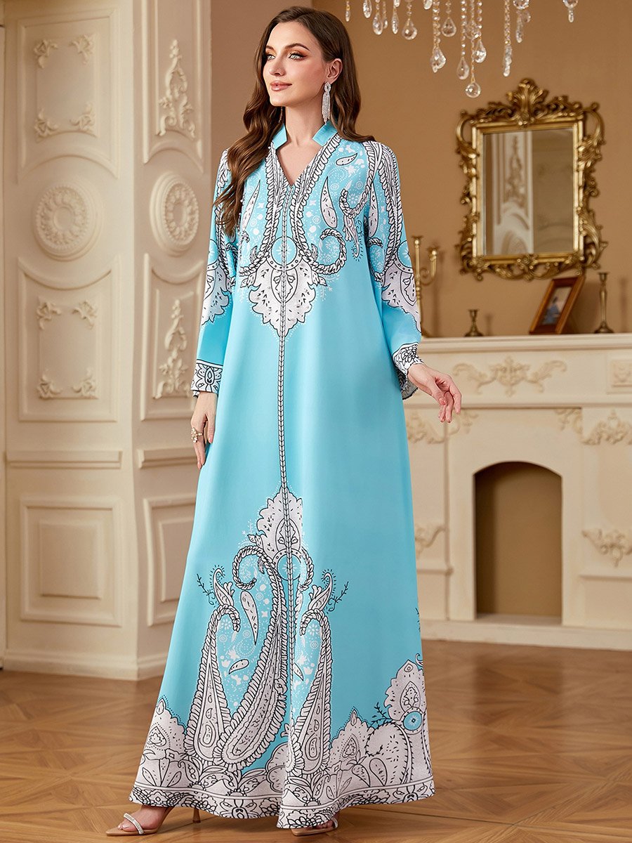 Blue Printed Collared Jalabiya with Faux Pearl Detail