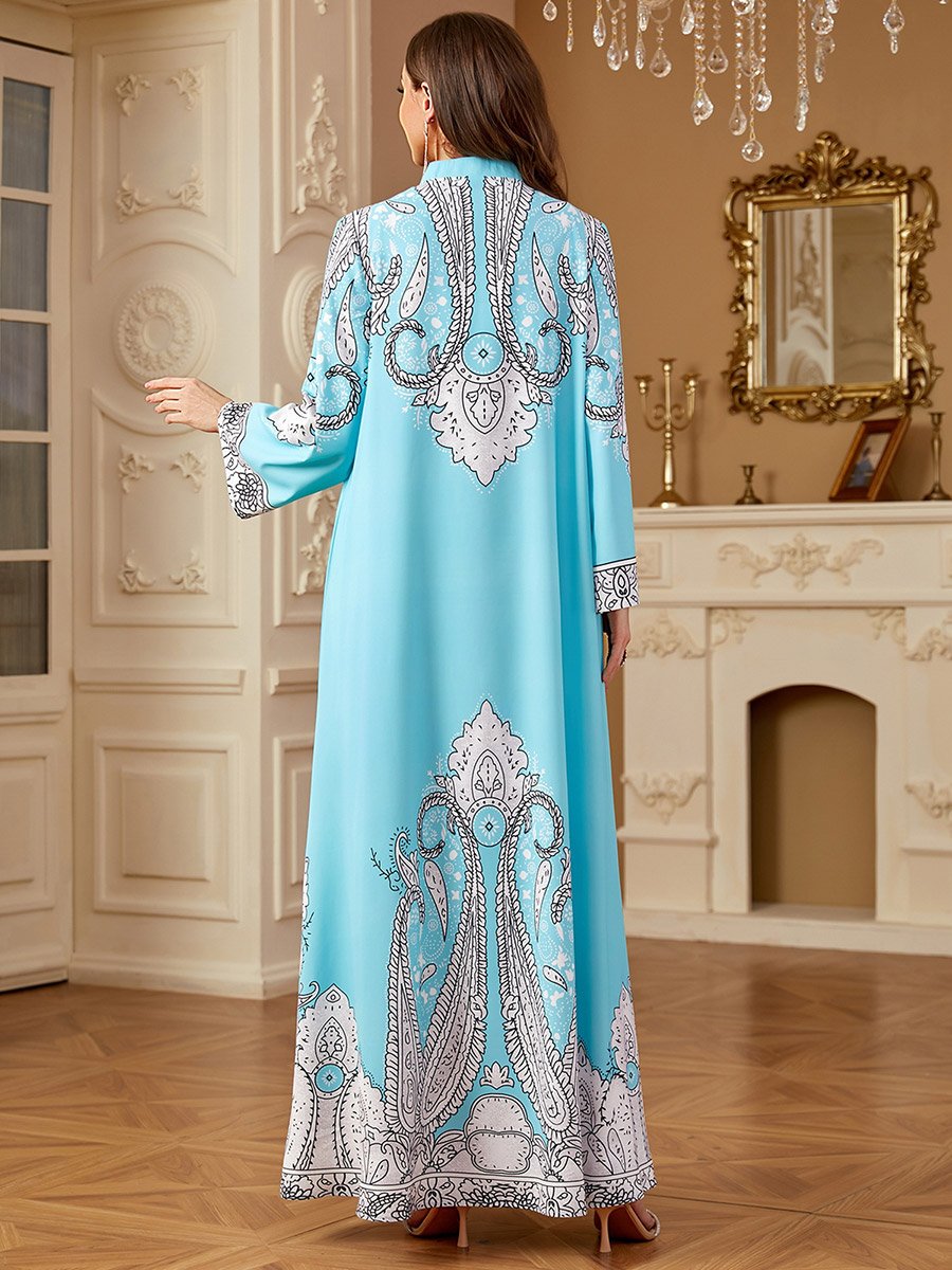 Blue Printed Collared Jalabiya with Faux Pearl Detail