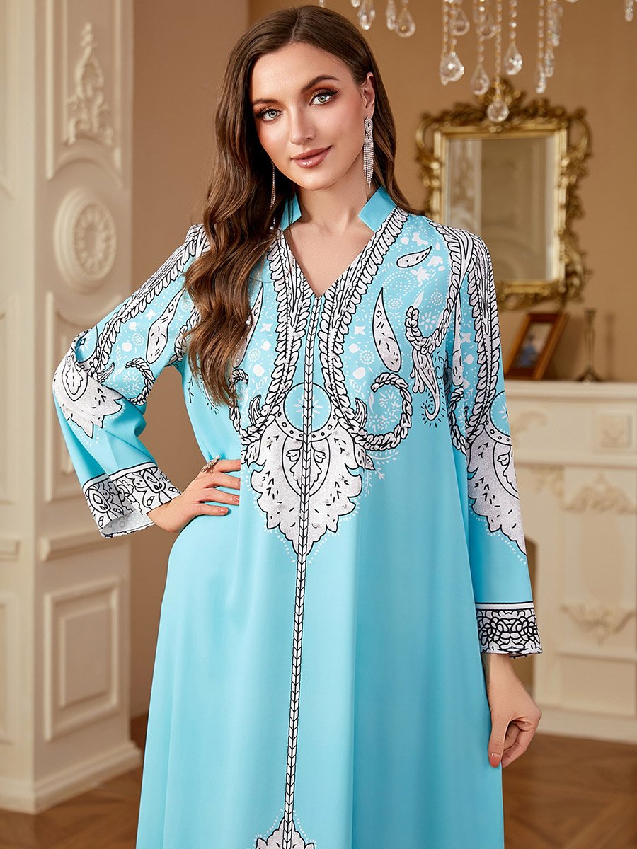 Blue Printed Collared Jalabiya with Faux Pearl Detail